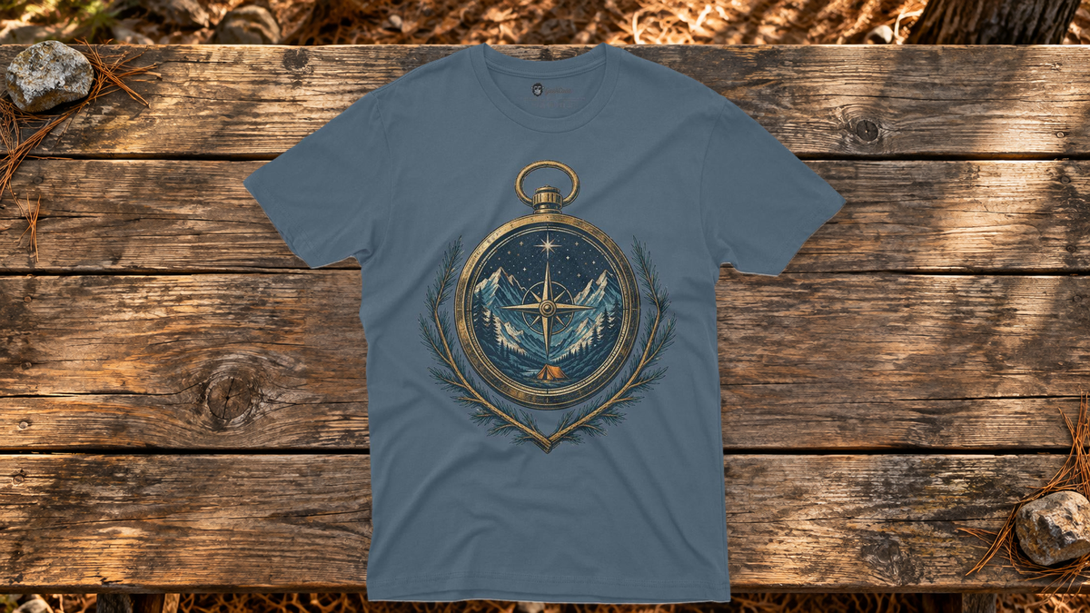 Blue Northstar Compass hiking graphic tee laid flat on a weathered trailhead picnic table.