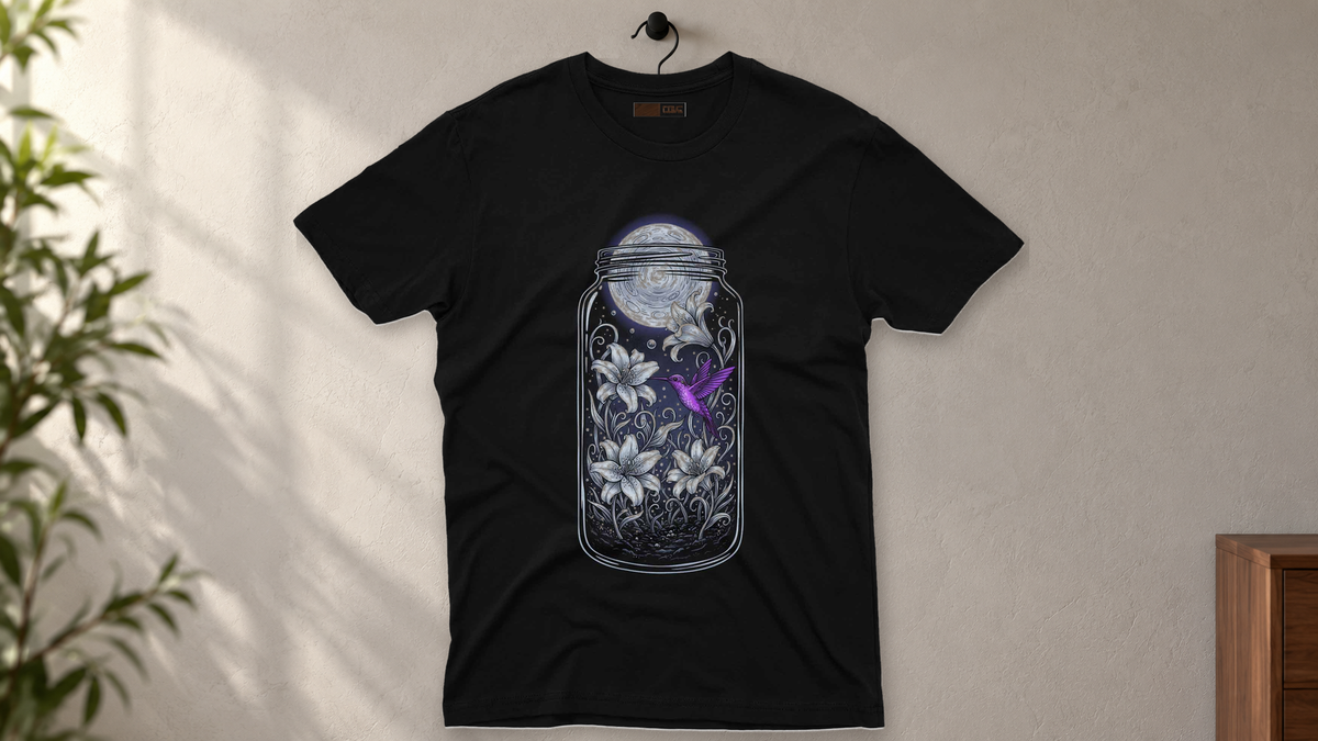 Black Moon Garden Jar graphic tee hanging in a softly lit office setting.