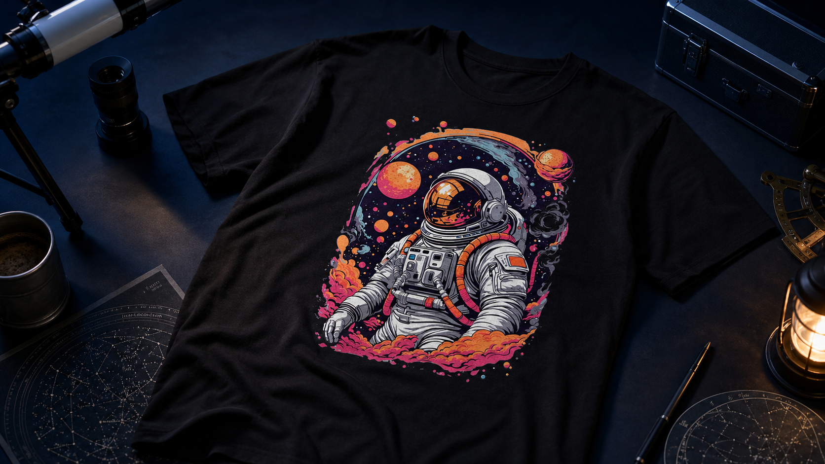 Astronaut graphic tee styled on a dark observatory desk with star charts and telescope details.