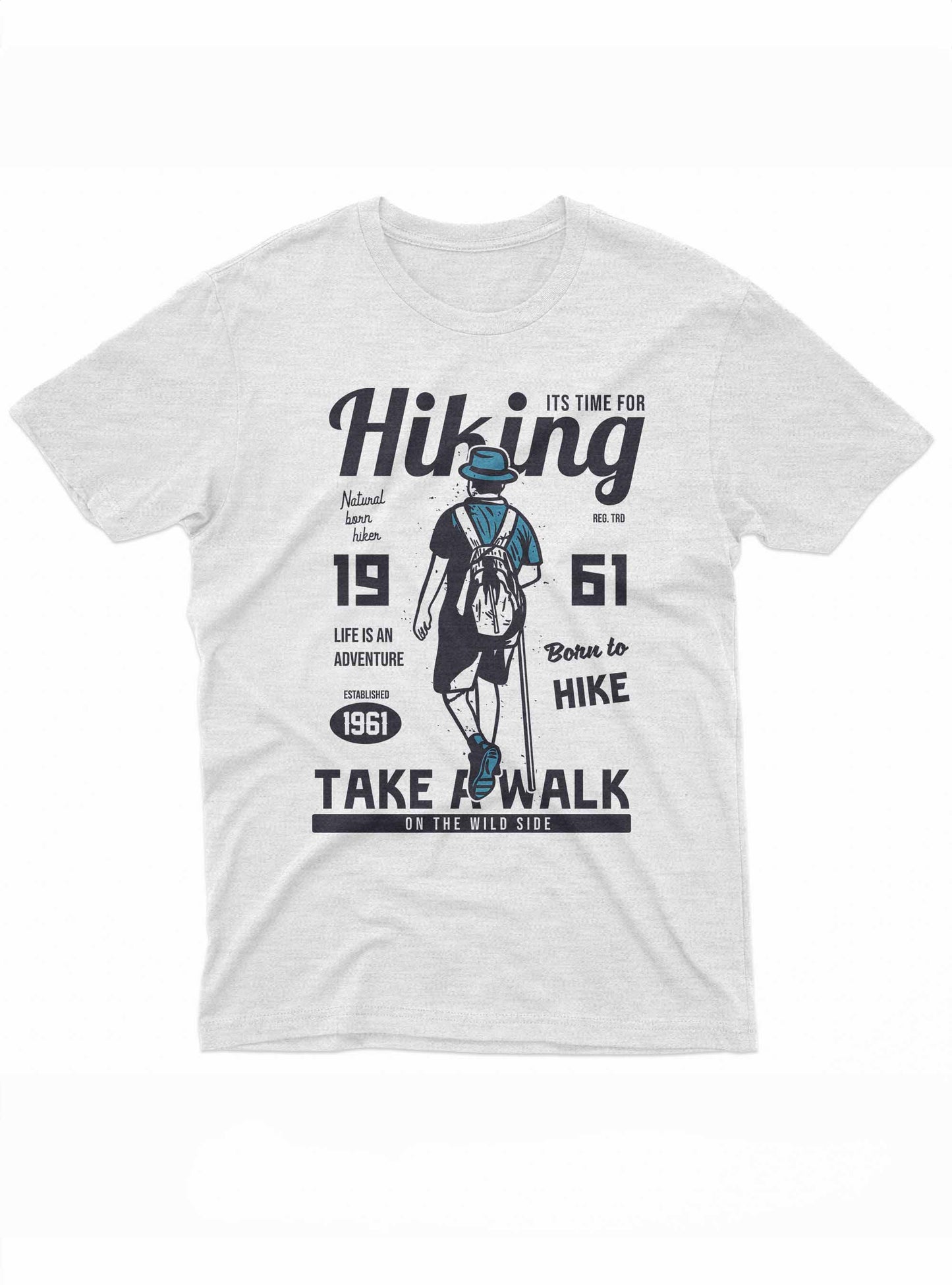 the image depicts a dark t-shirt with a design centered around the theme of hiking. it features the silhouette of a hiker in blue, viewed from the back, wearing a hat and a backpack. large text above and below the figure reads "hiking" and "take a walk on the wild side"