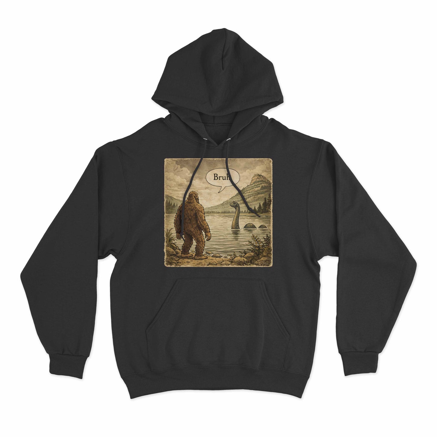 funny bigfoot hoodie featuring cryptid humor artwork and bruh text