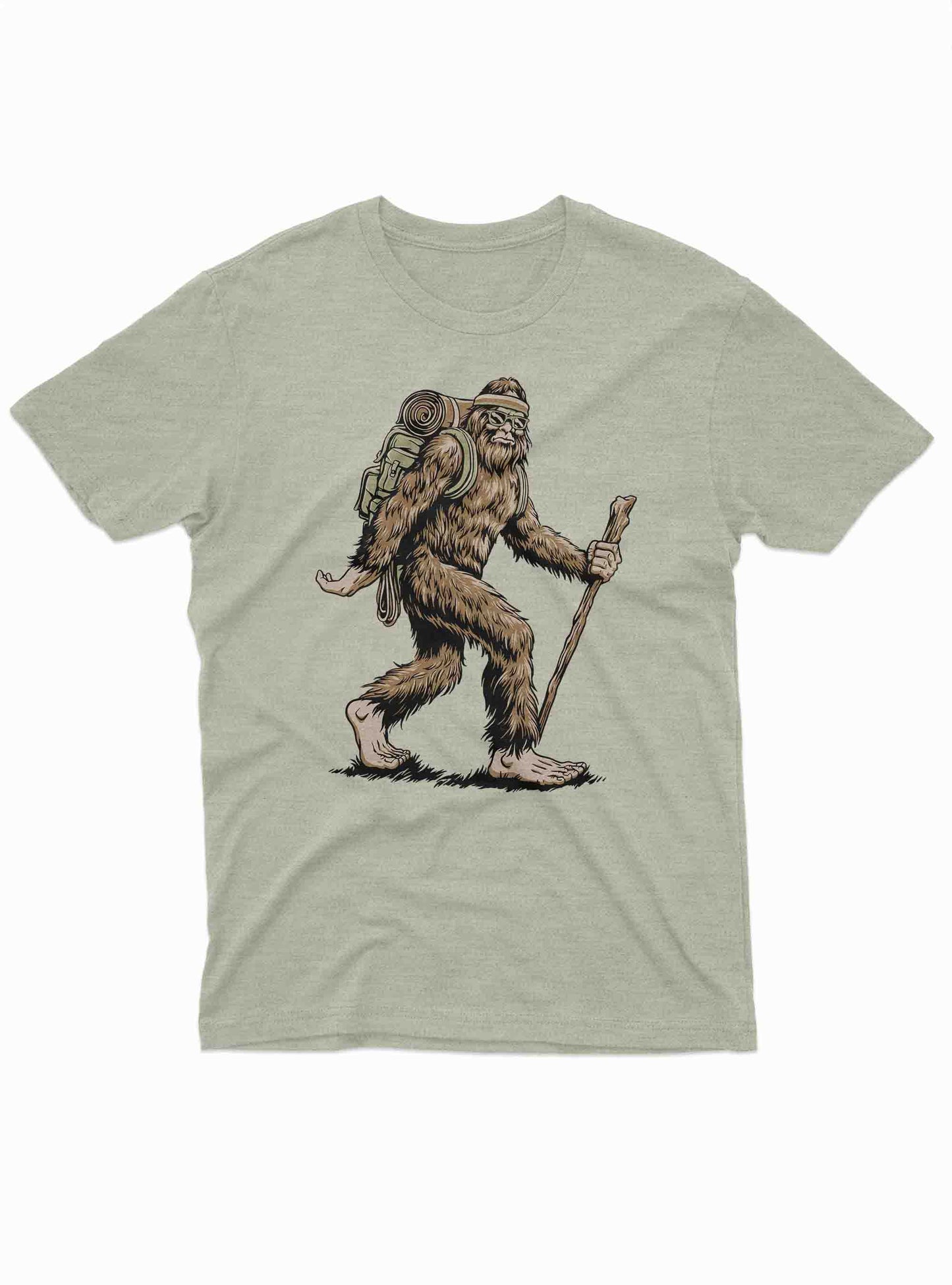 bigfoot hiking with backpack and walking stick graphic on light green t shirt