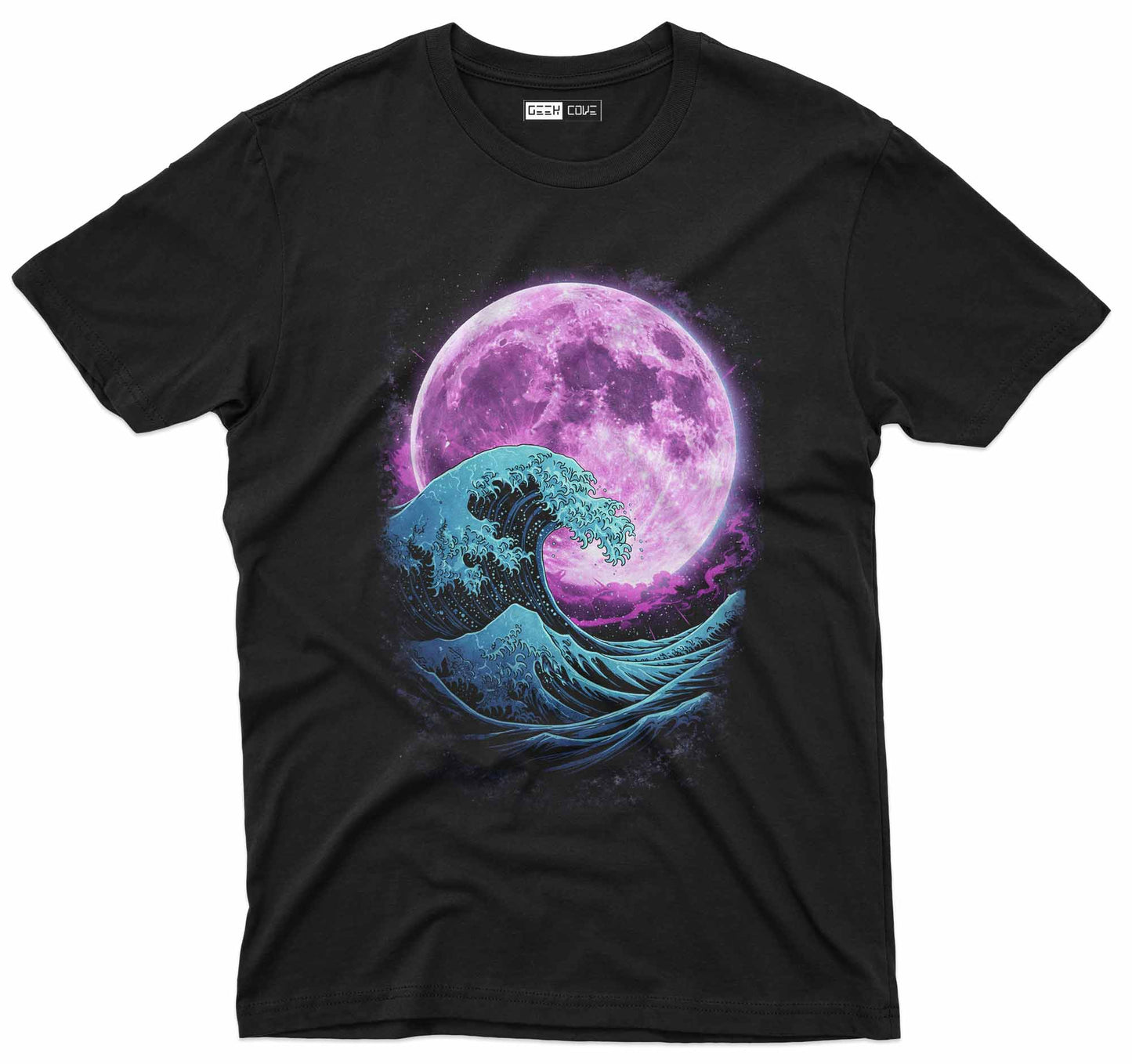 cosmic moon wave graphic tee with neon ocean artwork