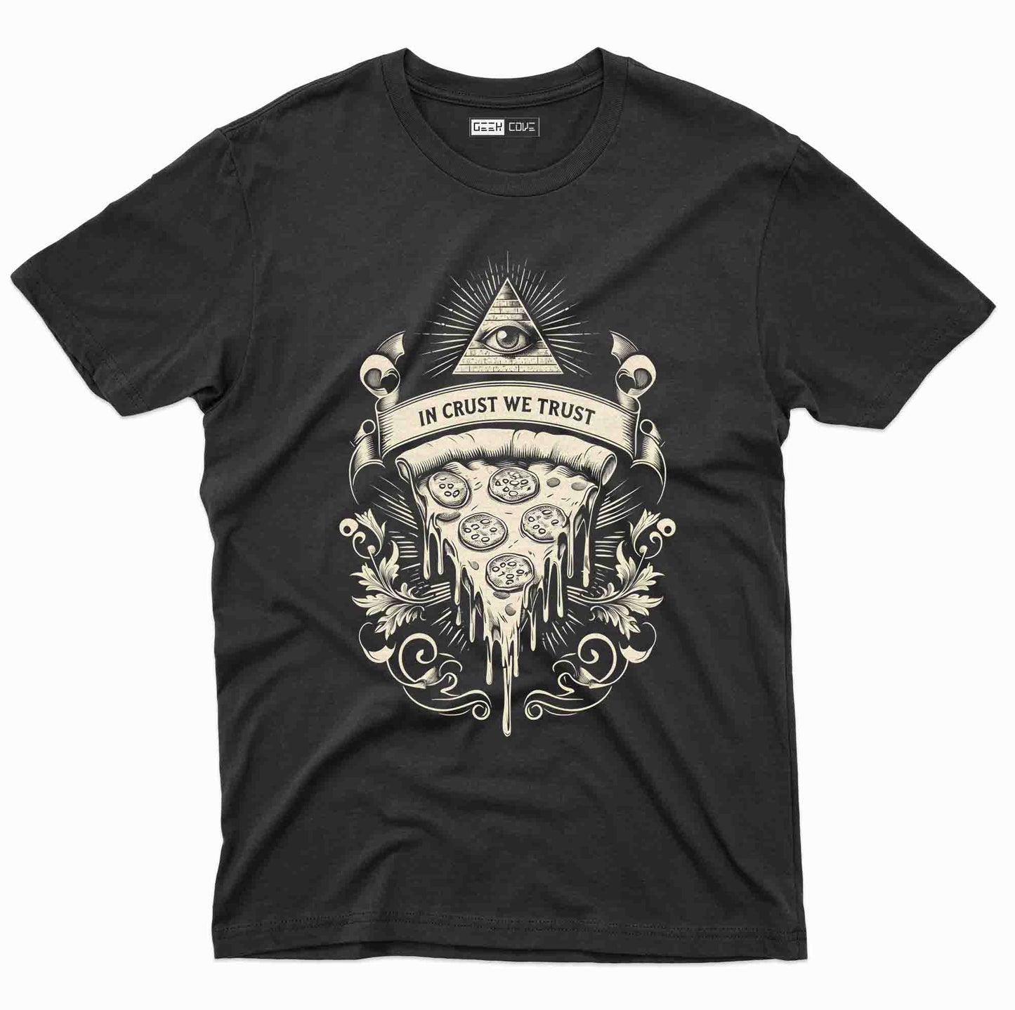 black t shirt with pizza slice design and all-seeing eye banner that says in crust we trust