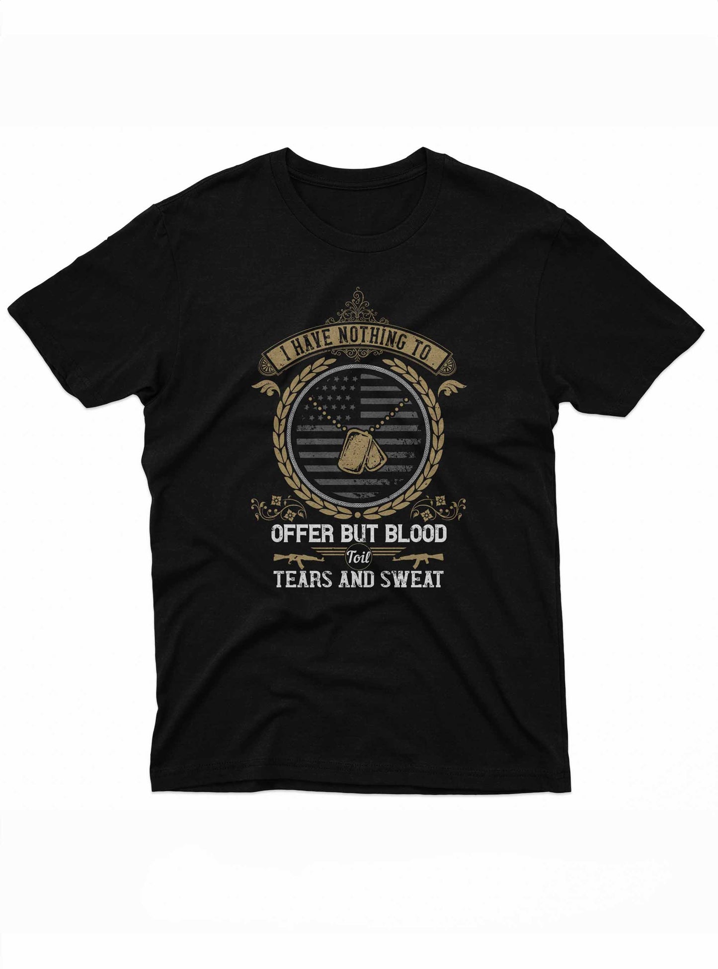 black t-shirt with a centered design featuring a muted american flag, dog tags, and military-style quote text.