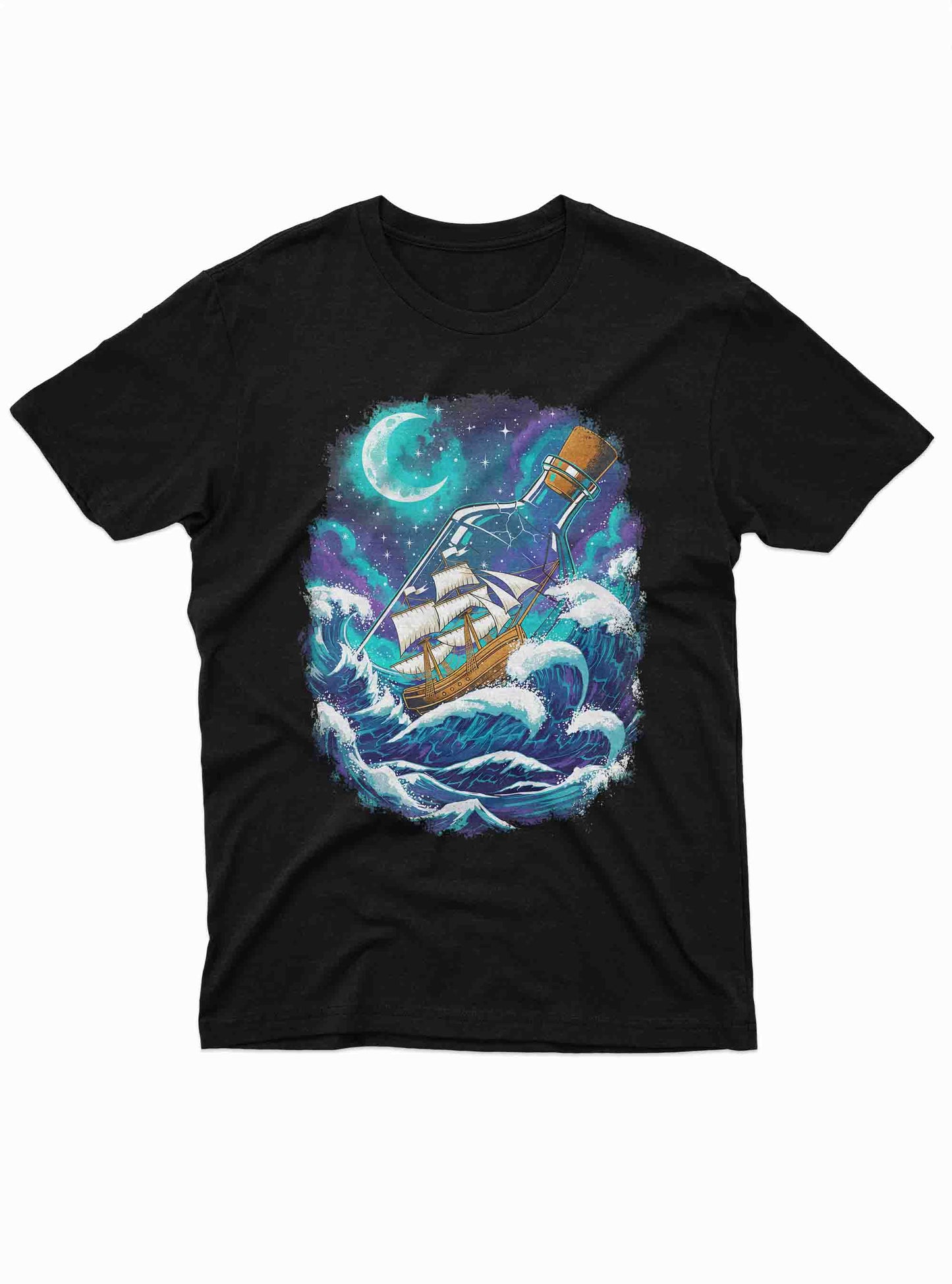 black t shirt with ship sailing in bottle under glowing moon and ocean waves