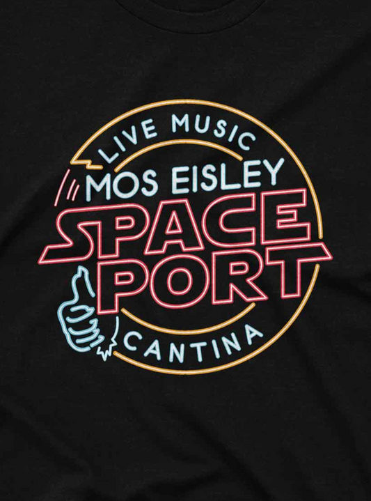 Star Wars-themed shirt in black, with a vintage cantina logo in pink, orange, and light blue, referencing the iconic Tatooine bar.