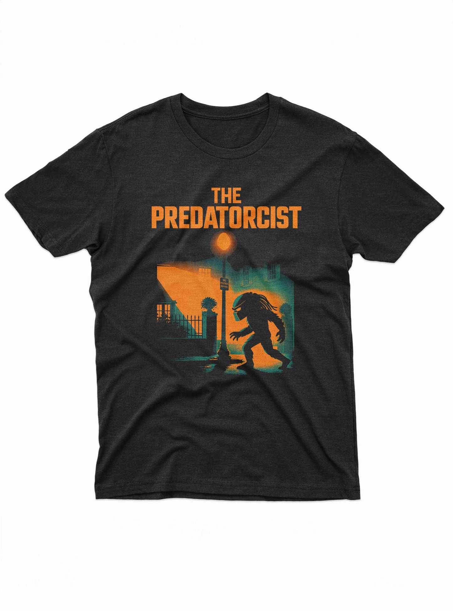 black predatorcist t shirt with predator silhouette in horror movie style design