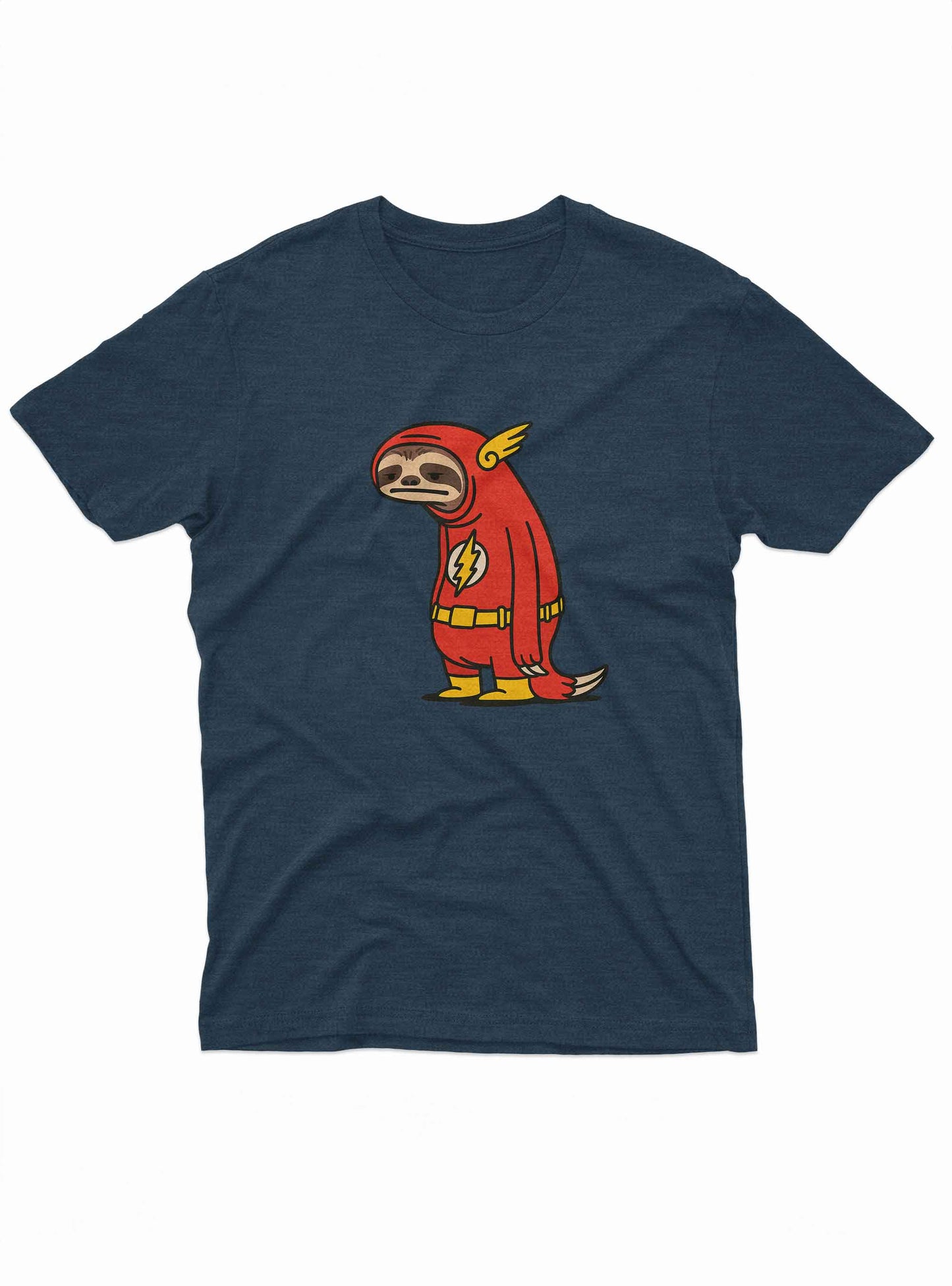 the sloth’s costume mimics the flash, with a lightning bolt on the chest and winged helmet.