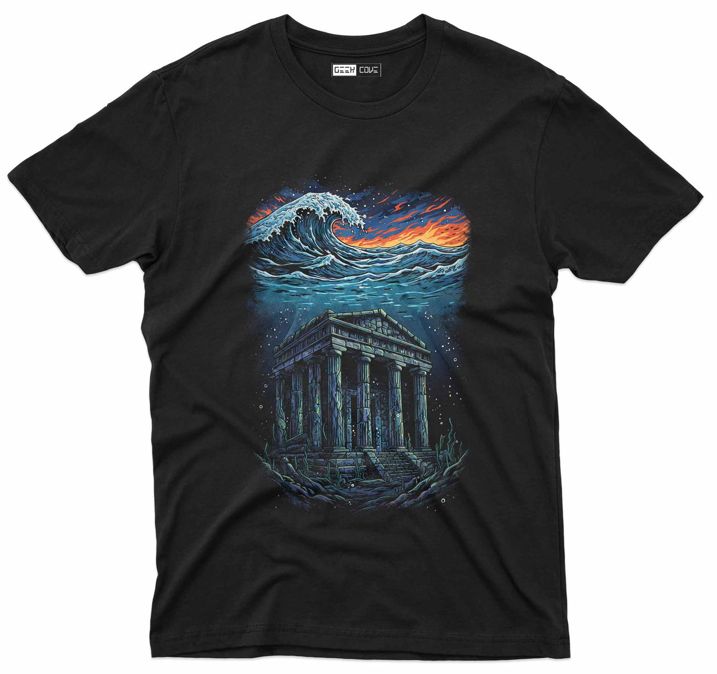 ocean wave graphic tee with underwater ancient temple