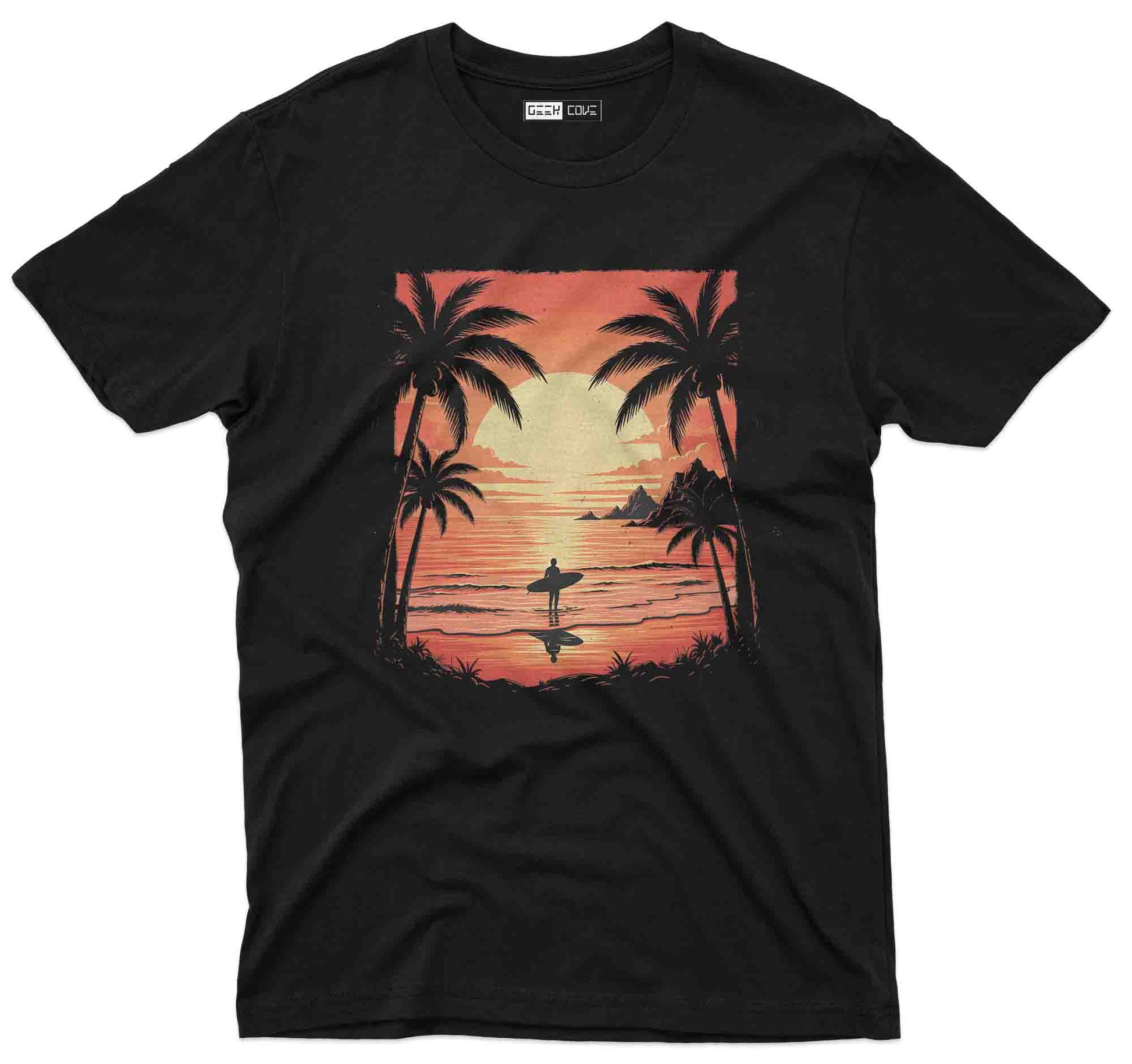 Men's Black Sunset Surfer Graphic Tee, Custom T Shirts, Beachwear
