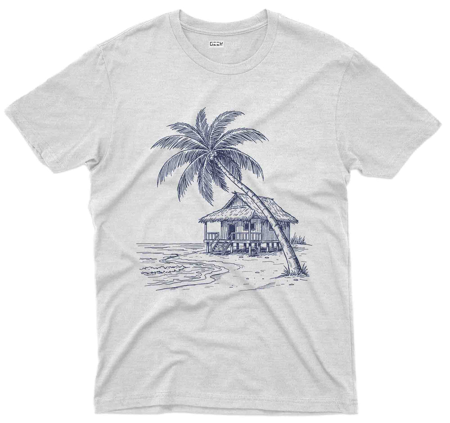 white t shirt with palm tree and tropical beach bungalow line art design