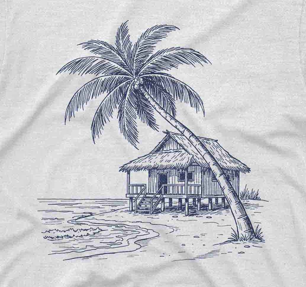 minimalist ocean hut graphic tee with palm tree and shoreline illustration