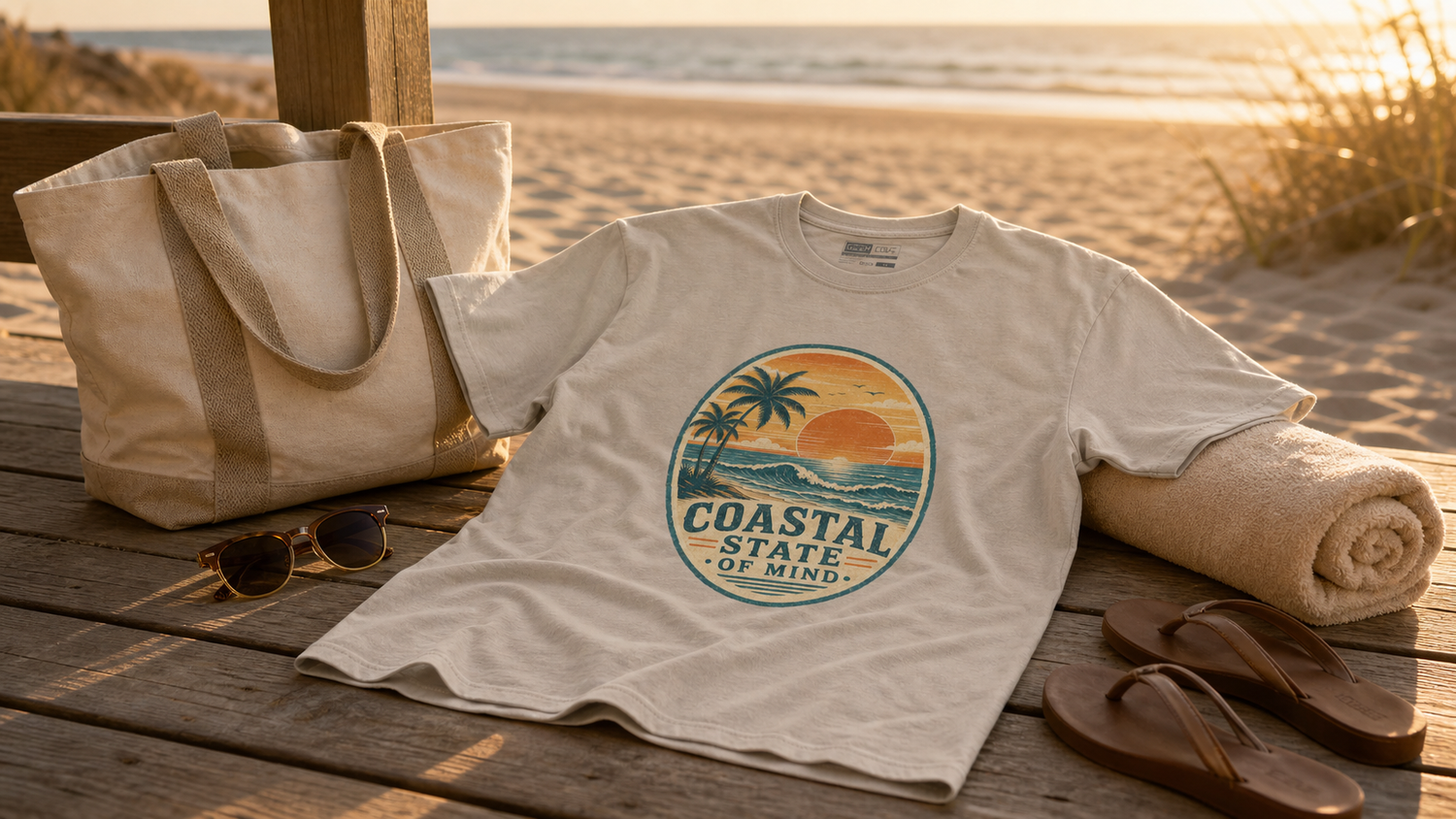Coastal graphic tee styled with a beach tote, towel, sunglasses, and sandals on a sunny boardwalk.