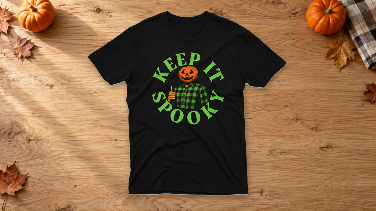 Black Keep It Spooky graphic tee arranged on a wooden table with pumpkins and autumn leaves.