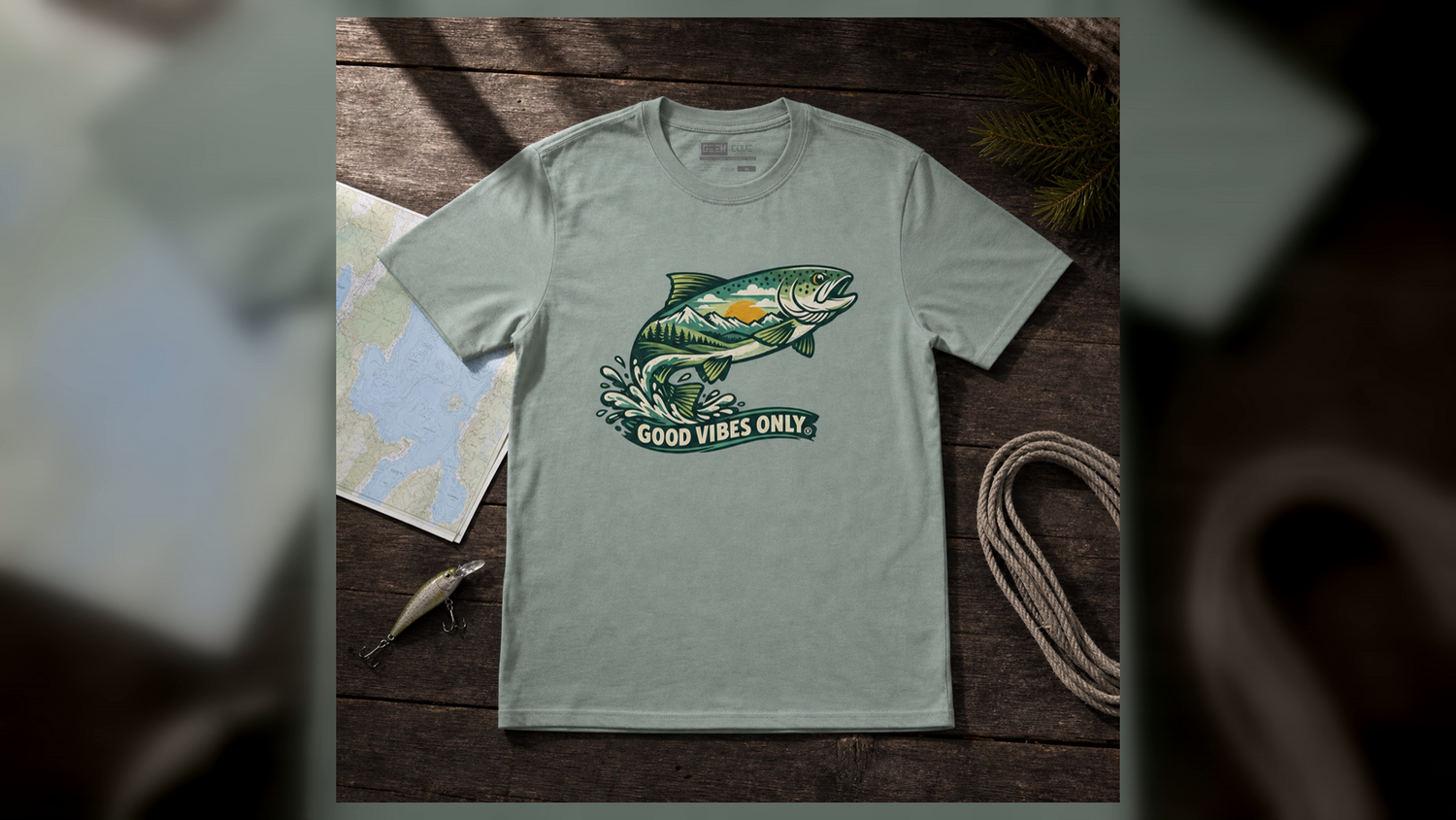 Fishscape Mountain fishing graphic tee styled with a lake map, lure, and rope on dark wood.
