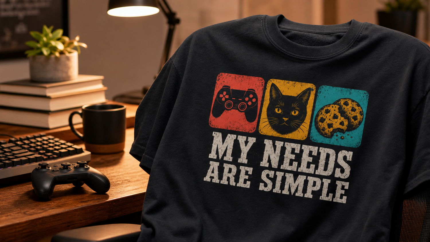 Black funny graphic tee styled in a cozy gaming desk scene with keyboard, controller, coffee mug, books, and warm lighting