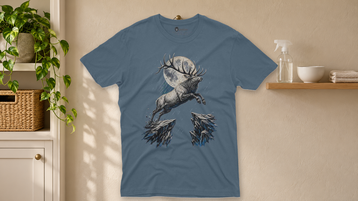 Indigo Moonfall Deer graphic tee hanging in a warm laundry room beside simple stain-care supplies.