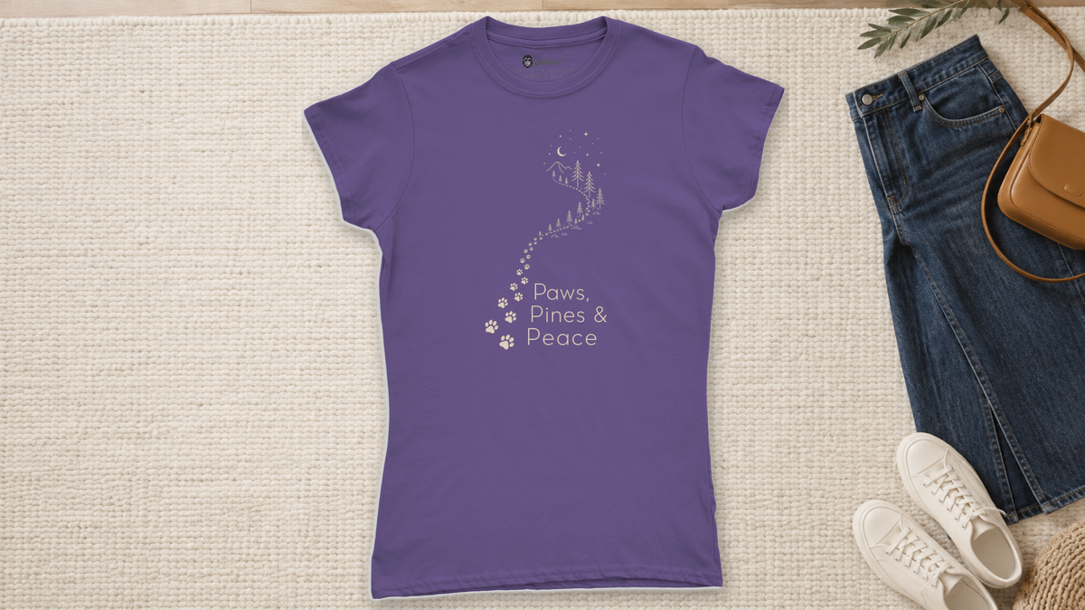 Purple Paws, Pines & Peace graphic tee styled with a denim skirt, white sneakers, and tan bag.