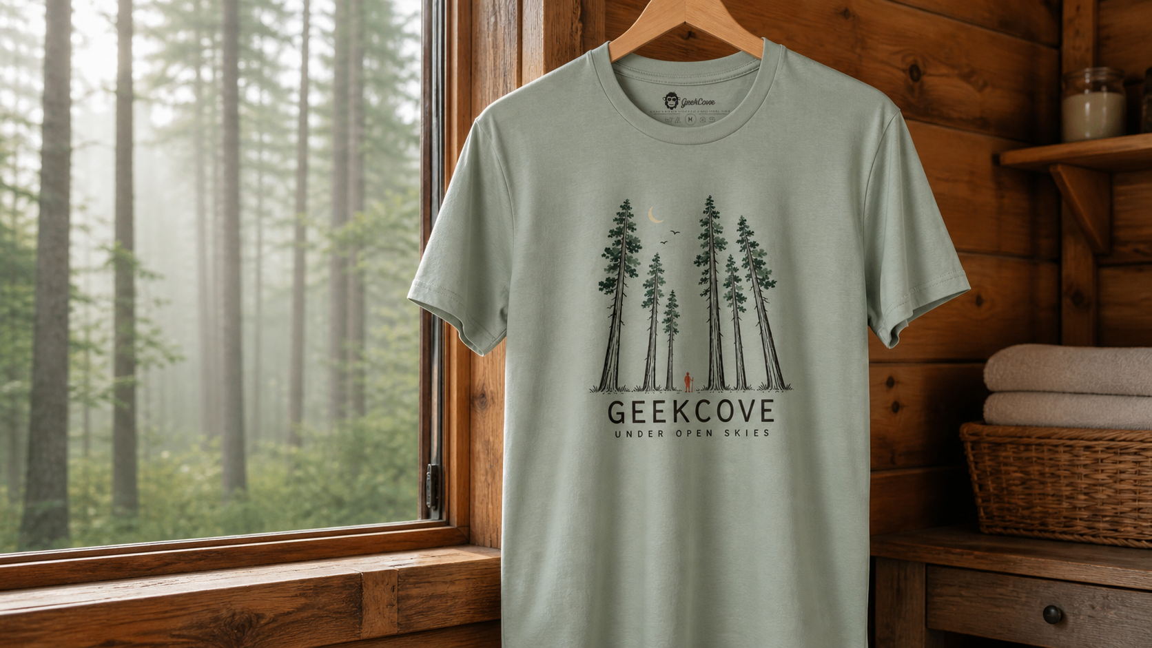 Sage Under Open Skies graphic tee hanging beside a cabin window overlooking a misty forest.
