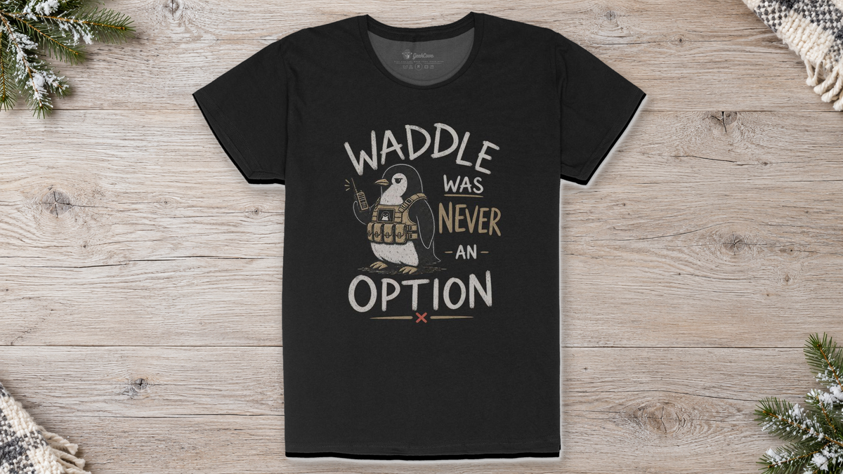 Black Waddle Was Never an Option penguin graphic tee on a pale winter wood table.
