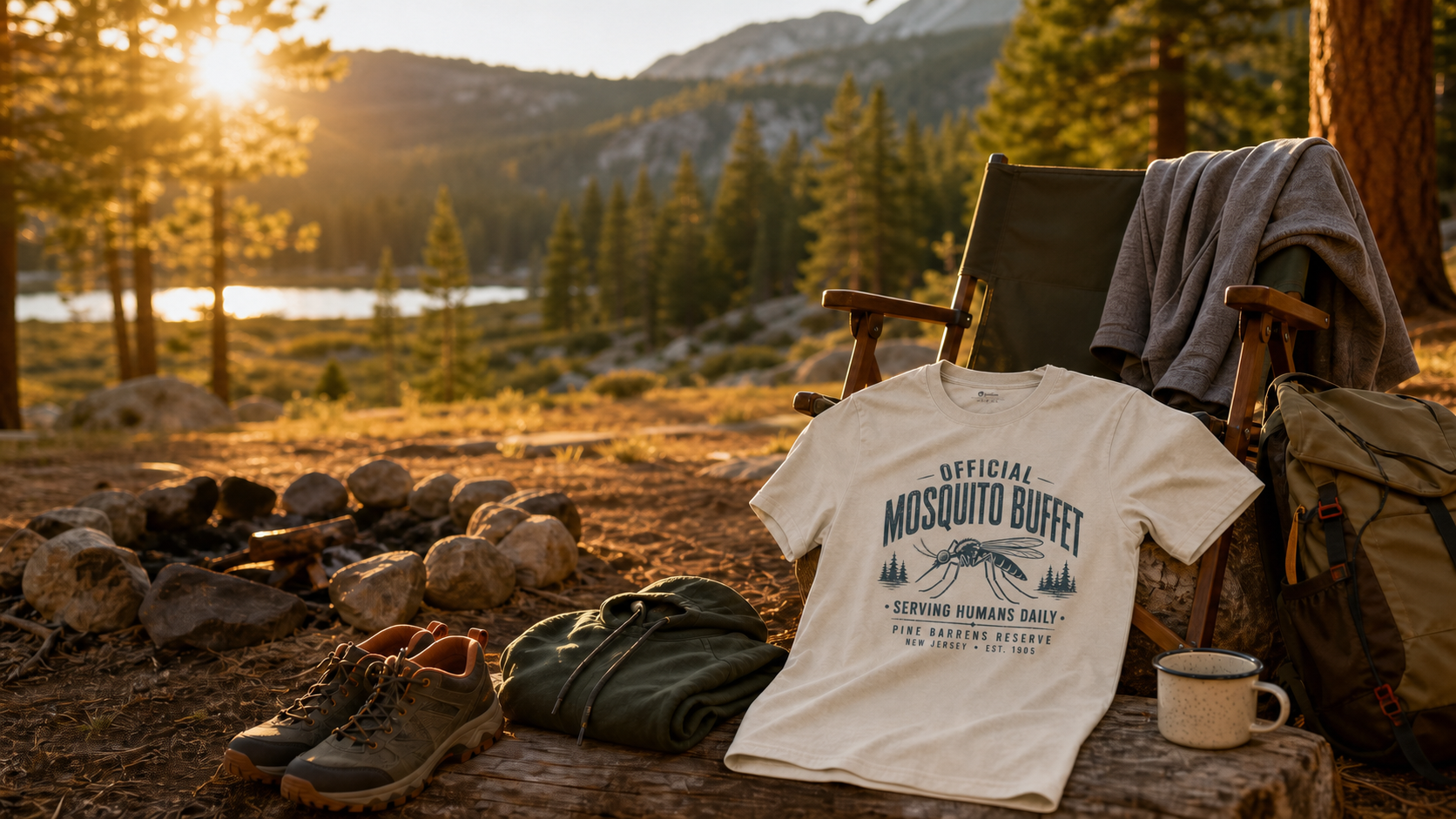 Mosquito Buffet camping graphic T-shirt styled at a pine forest campsite with hiking shoes, hoodie, backpack, camp chair, and mug