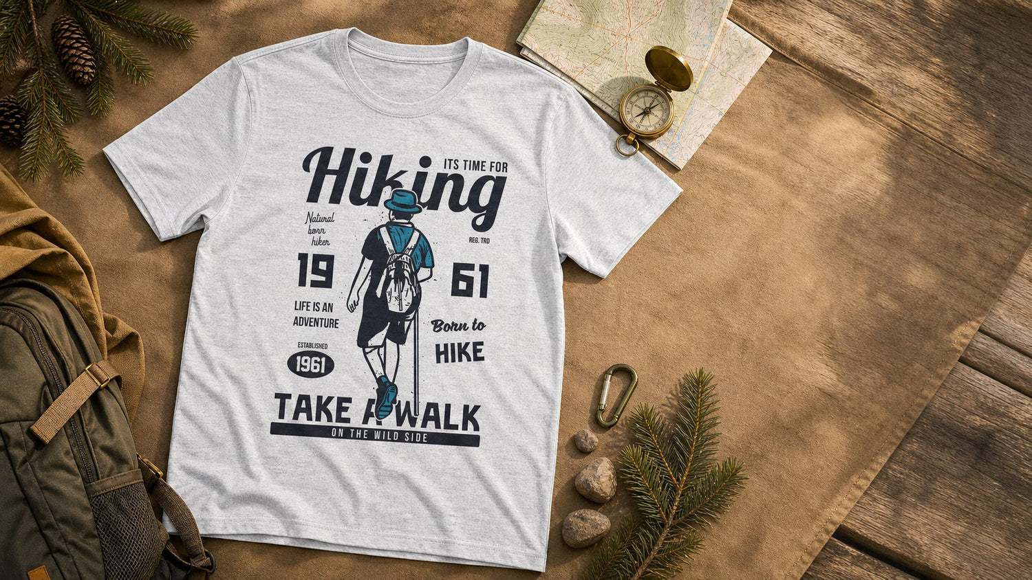 Hiking graphic tee flat lay featuring outdoor trail artwork, map-inspired styling, and rustic adventure gear.