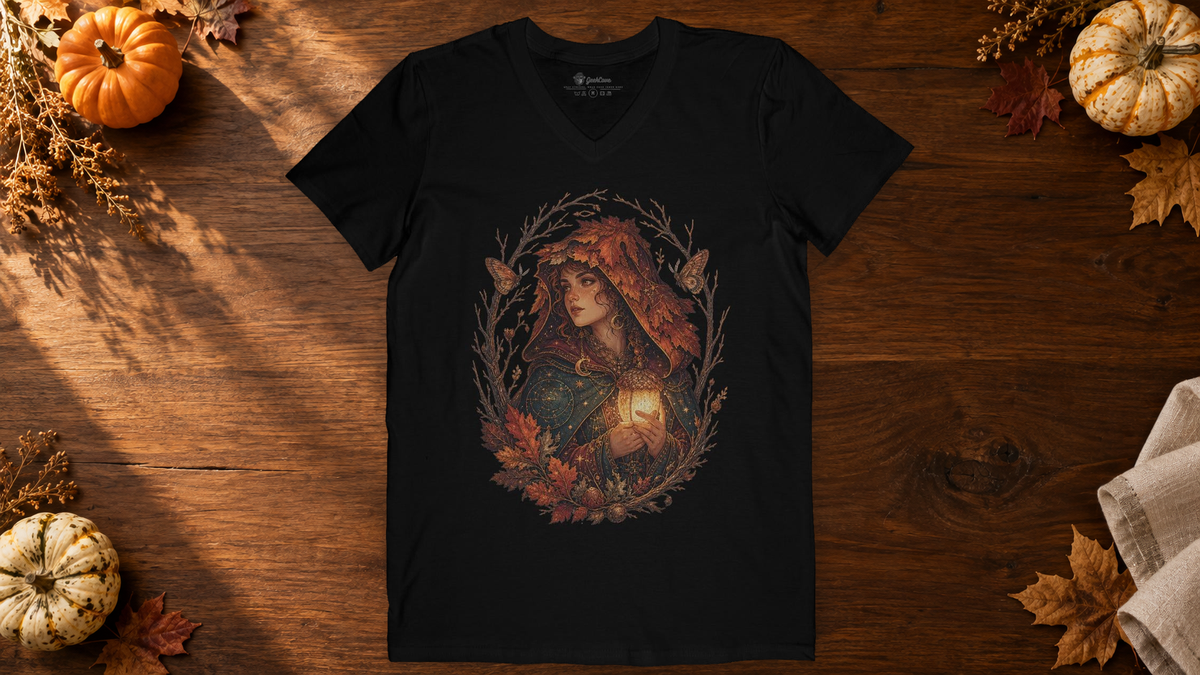 Black Acorn Lantern autumn graphic tee on a wooden Thanksgiving table with pumpkins and fall leaves.
