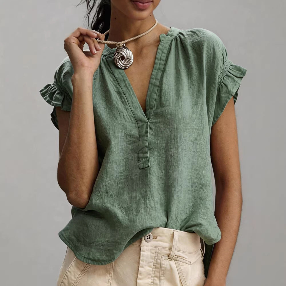 Women’s cotton-linen V-neck ruffle sleeve blouse in dark green with relaxed fit
