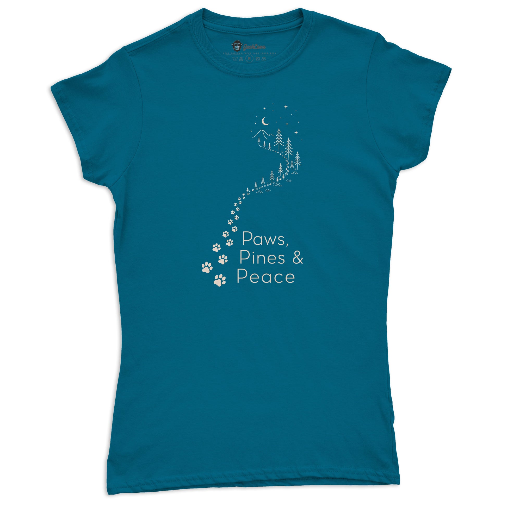 Paws Pines & Peace Women’s Short Sleeve Tee in Antique Sapphire with Paws Pines & Peace Women’s Short Sleeve artwork