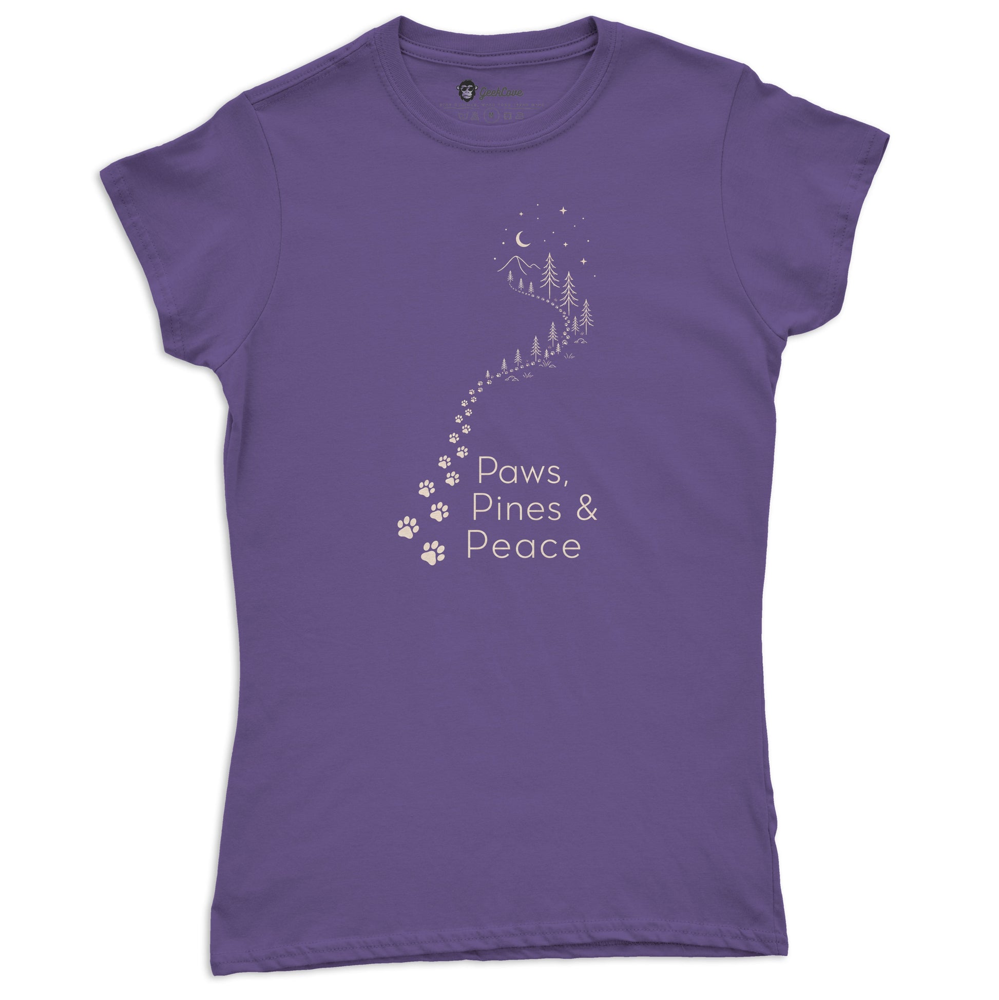 Paws Pines & Peace Women’s Short Sleeve Tee in Heather Purple with Paws Pines & Peace Women’s Short Sleeve artwork