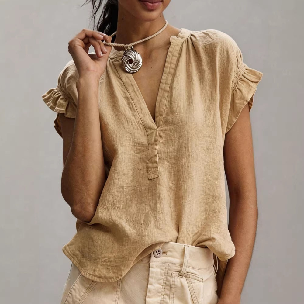 Women’s cotton-linen V-neck ruffle sleeve blouse in khaki, casual lightweight top