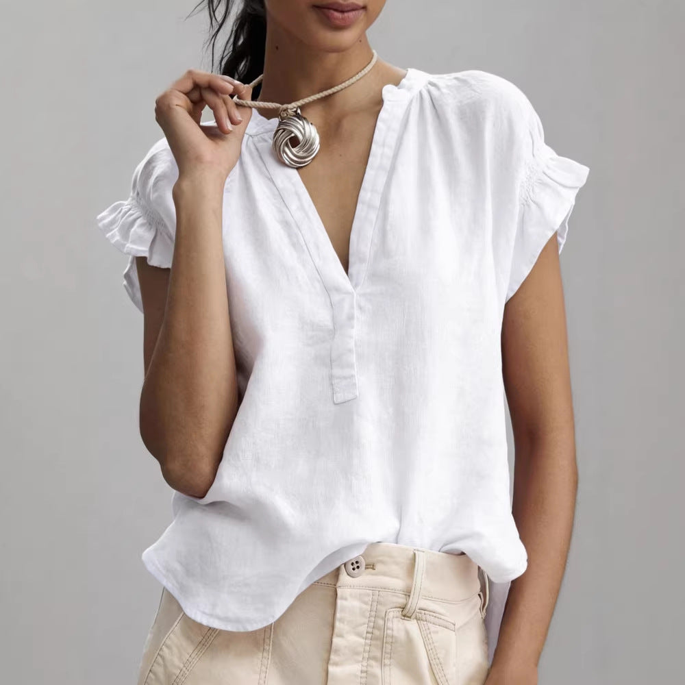 Women’s cotton-linen V-neck ruffle sleeve blouse in white, relaxed summer office top