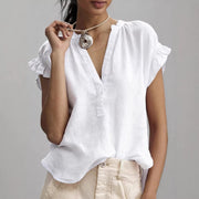 Women’s cotton-linen V-neck ruffle sleeve blouse in white, relaxed summer office top