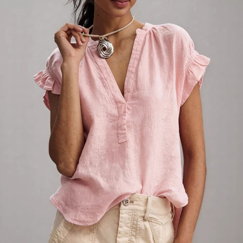 Women’s cotton-linen V-neck ruffle sleeve blouse in pink with flutter sleeves
