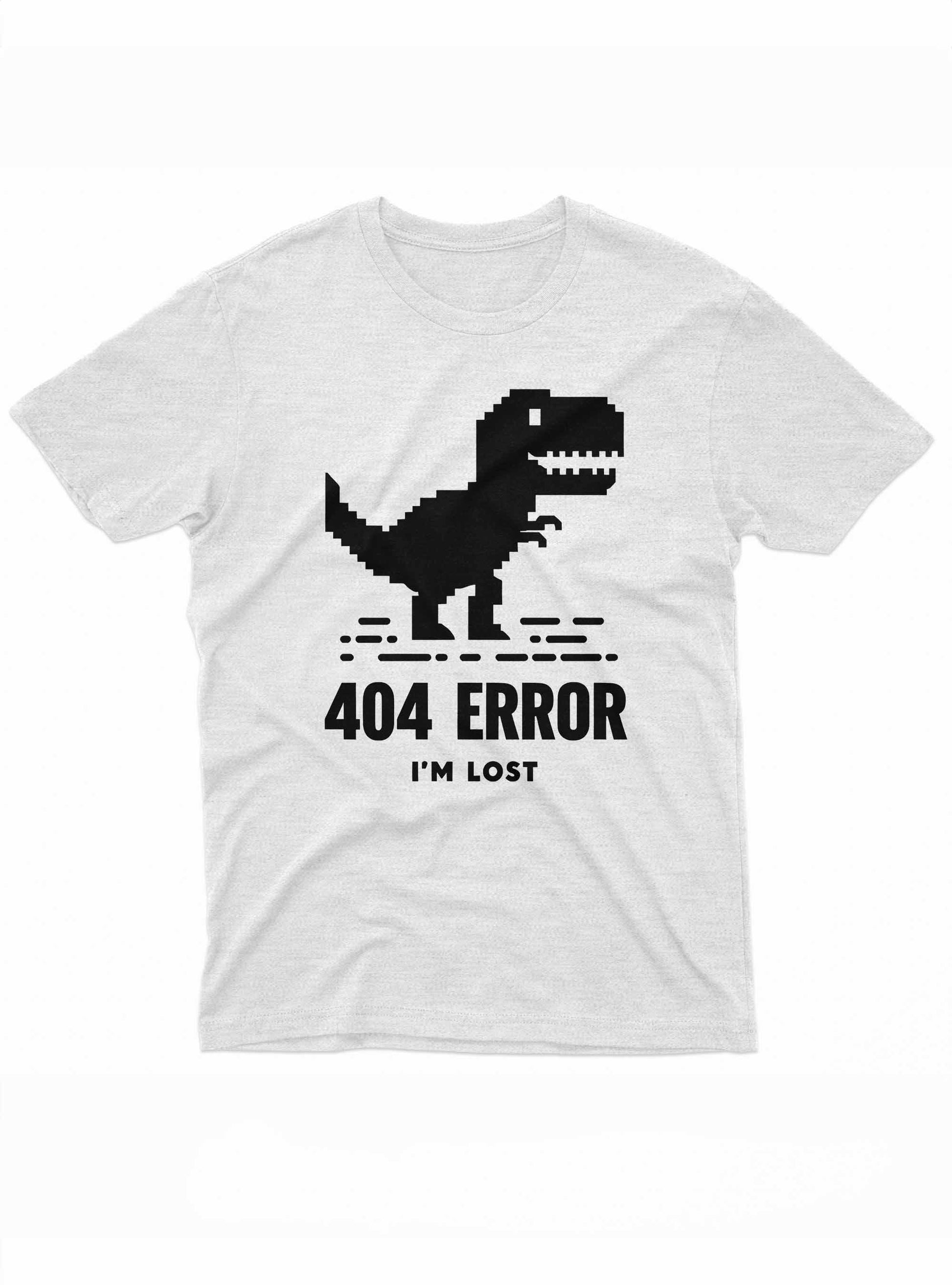 Graphic tee showing a retro-style dinosaur and a humorous internet error message.