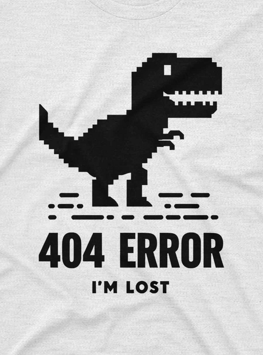 T-shirt design inspired by Chrome’s offline dinosaur game, with bold black text and minimalistic graphics.