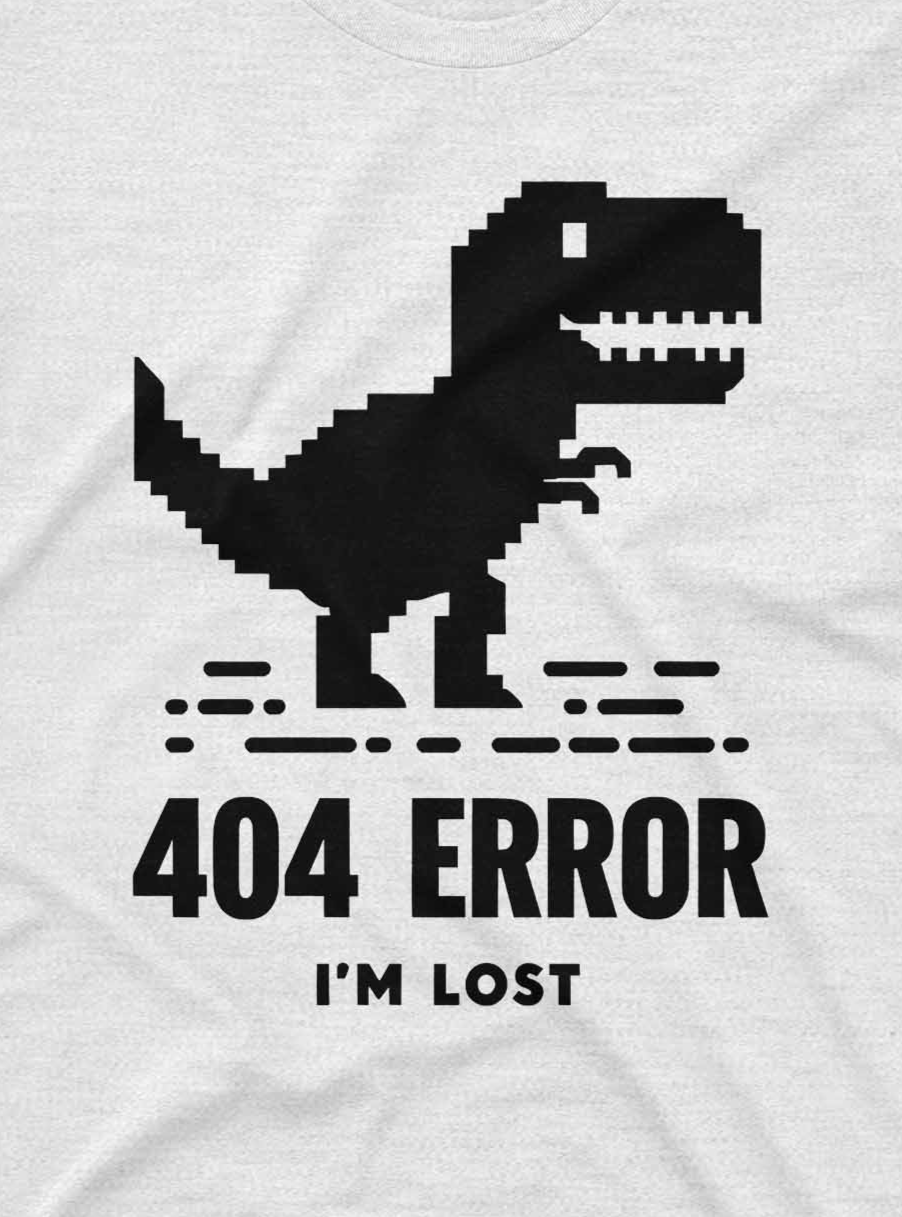 T-shirt design inspired by Chrome’s offline dinosaur game, with bold black text and minimalistic graphics.