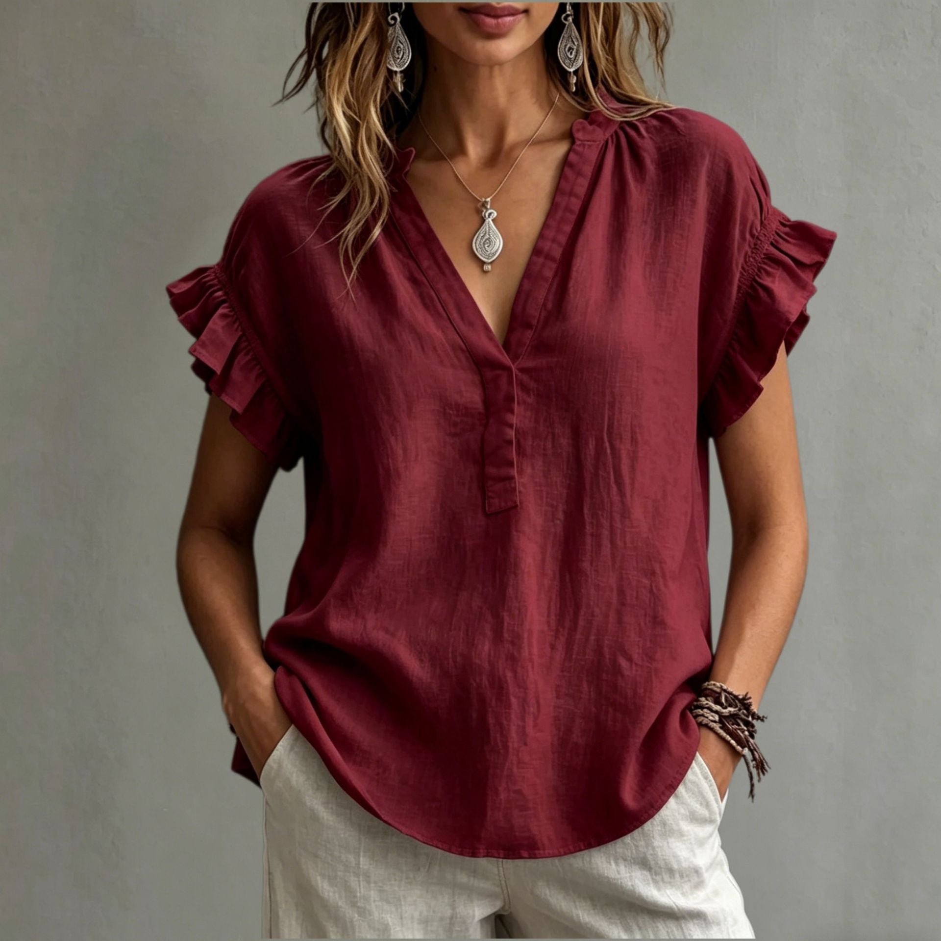 Women’s cotton-linen V-neck ruffle sleeve blouse in wine red, casual office top