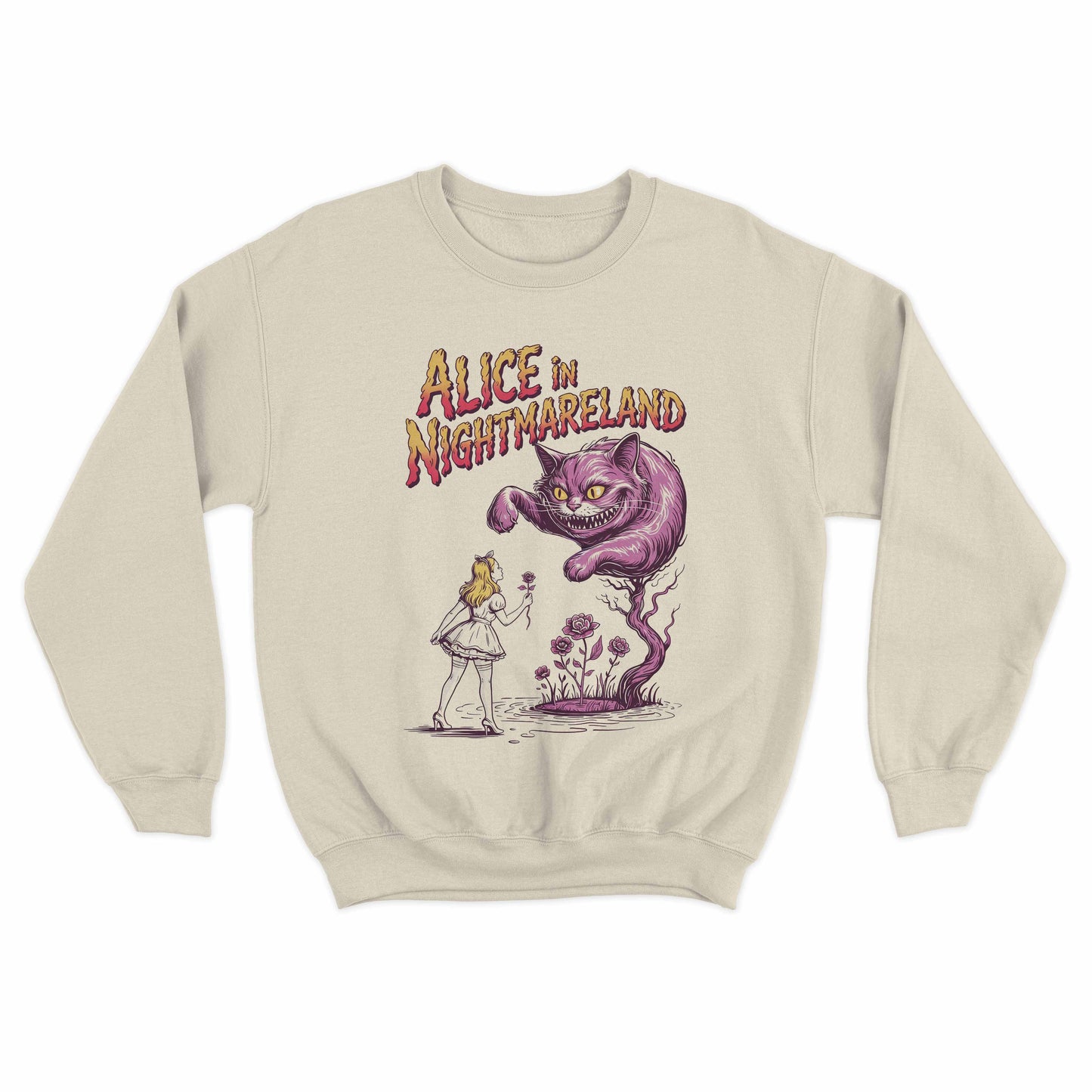 graphic sweater featuring dark fantasy alice nightmareland illustration