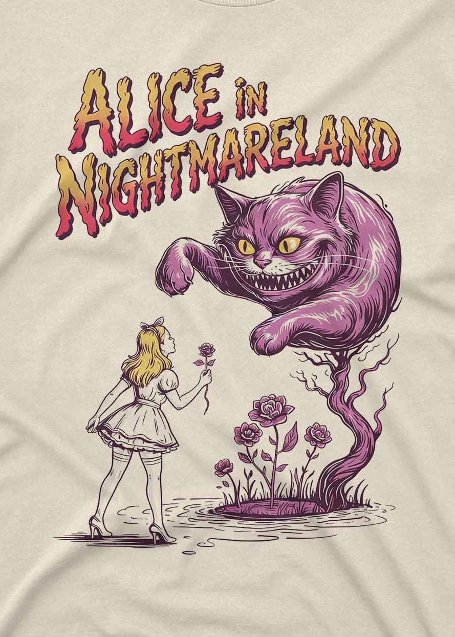 unisex graphic tee featuring alice in a dark fantasy nightmareland scene