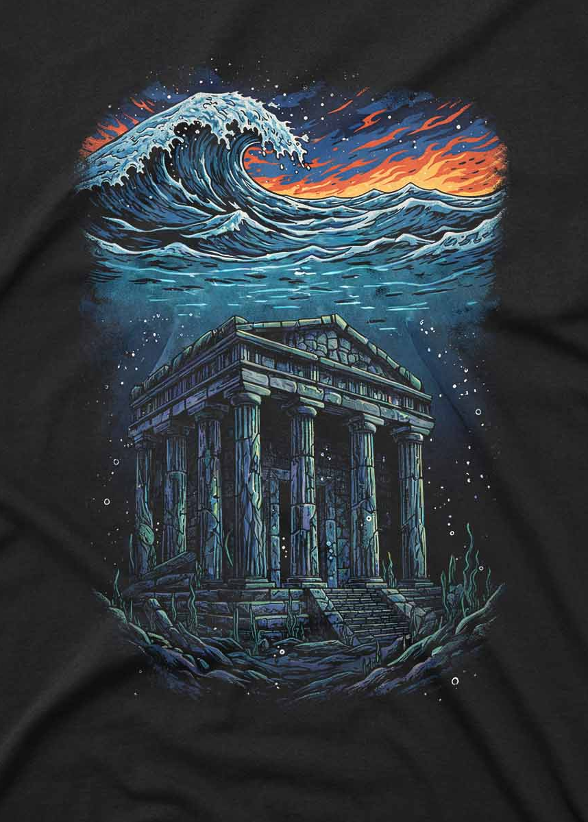 fantasy sea t shirt featuring sunken ruins and crashing waves