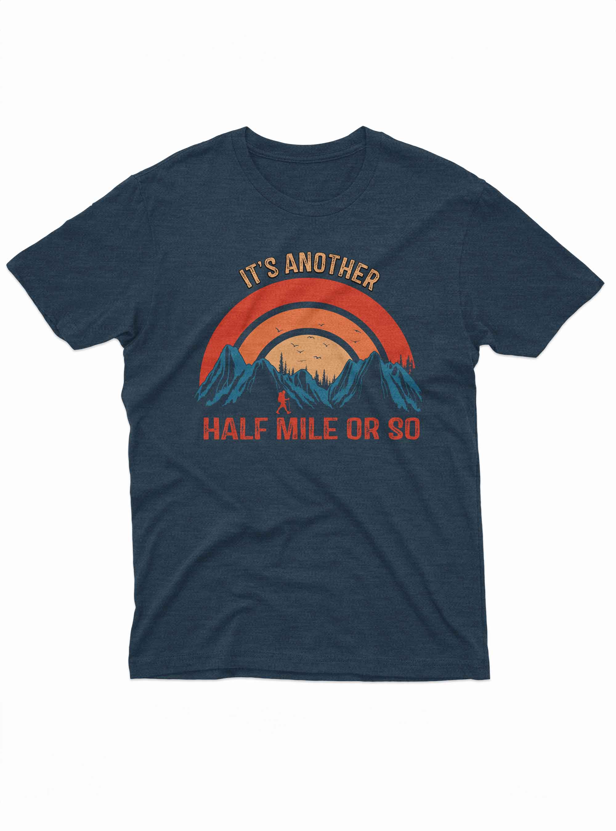 Vintage-style T-shirt with a silhouette of a hiker under a retro sunset over blue mountains and forest.