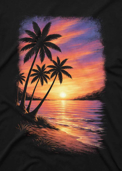 Coastal graphic sweater with warm sunset tones and island vibes