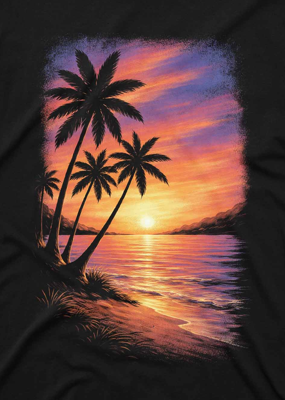 Coastal graphic sweater with warm sunset tones and island vibes