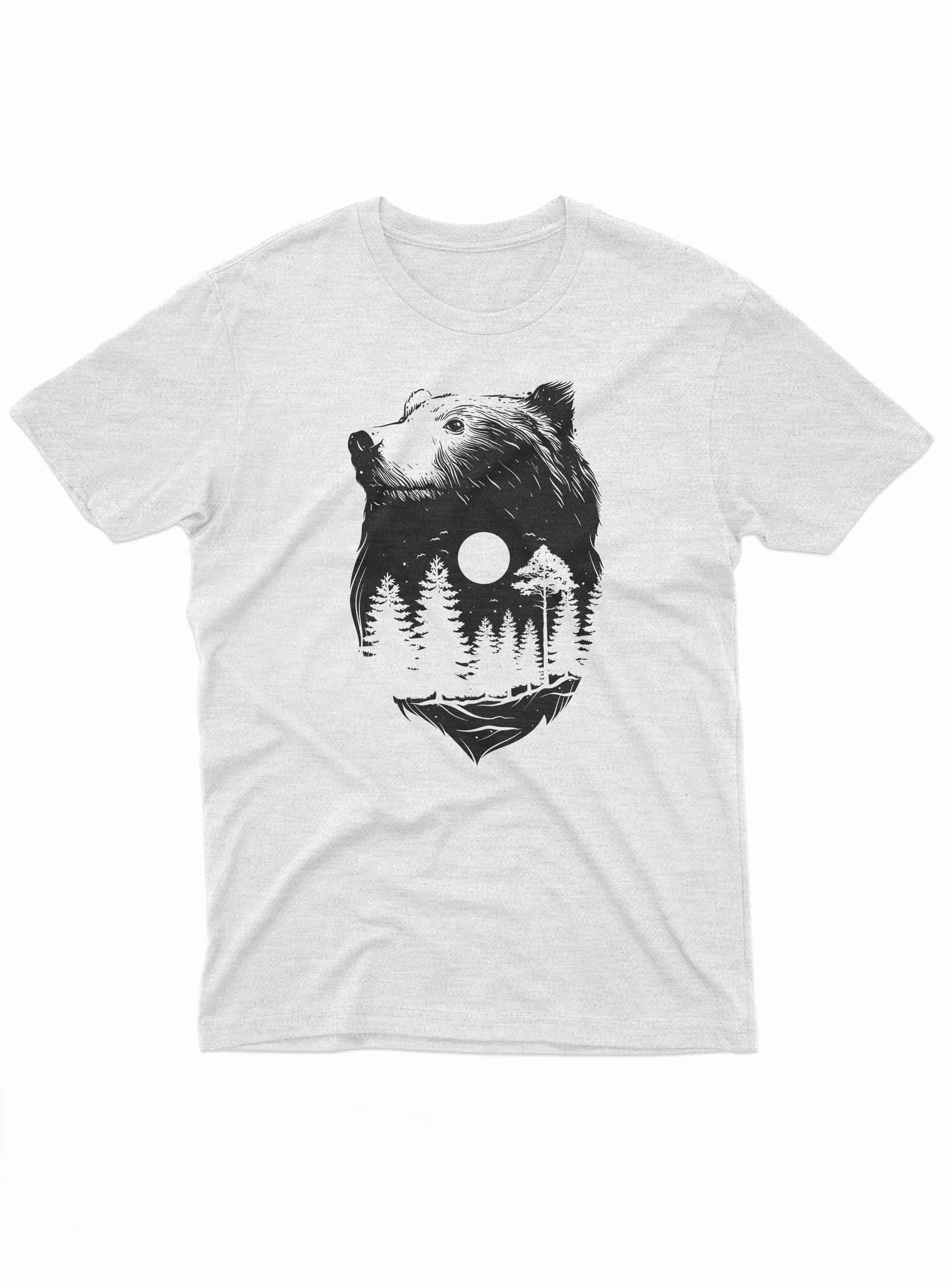 A grayscale graphic of a bear’s profile filled with a double exposure of a pine forest under a full moon.