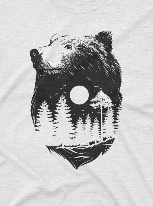 Nature-inspired art featuring a bear silhouette that contains an illustrated forest scene within.
