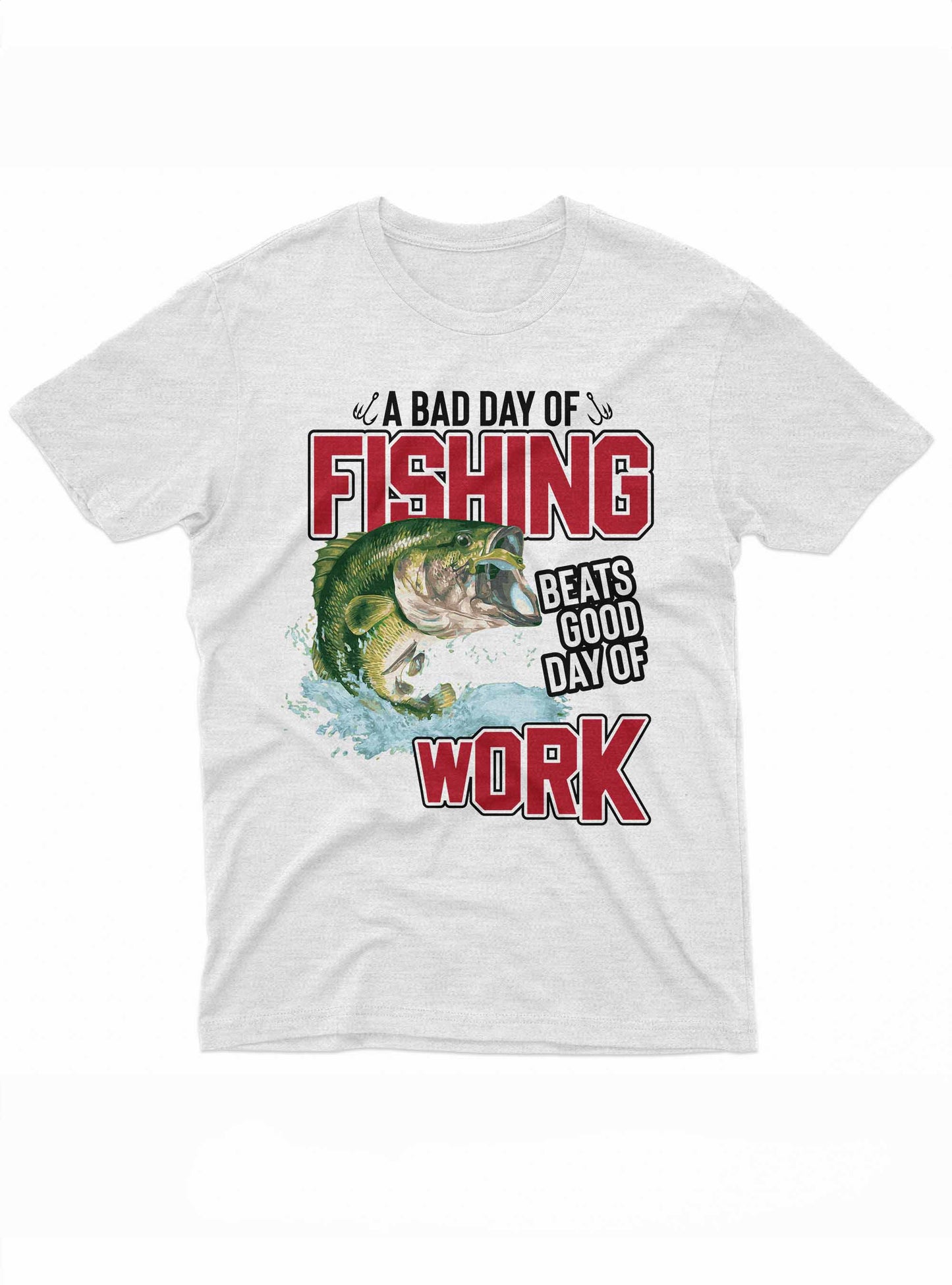 a t-shirt design showcases a large bass fish, mid-jump, splashing water vividly as it bites onto a lure. above and below this dynamic scene, the words "fishing" and "good day of work" are printed in bold, red block letters, emphasizing the message that fishing surpasses any day at work.