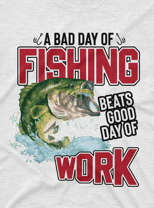The image features a t-shirt design with the phrase "Fishing Beats Good Day of Work" in bold red letters at the top and bottom. The central graphic is a colorful, detailed illustration of a large green bass leaping out of blue water, capturing the energy and excitement of fishing.
