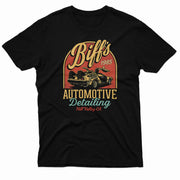 Black t-shirt featuring a retro graphic of a gull-wing car resembling the DeLorean with doors open.